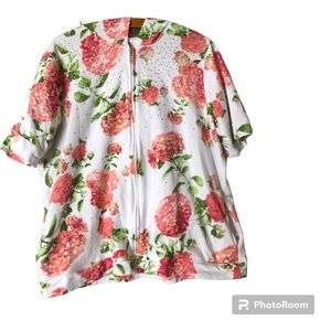 Size 1X Quacker Factory Zip Hoodie Rhinestones Floral Short Sleeve